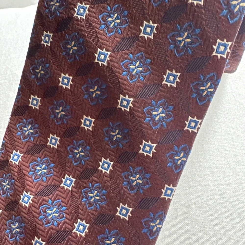Bruno Piattelli Necktie Men One Size Burgundy Blue Geometric Floral Silk Tie